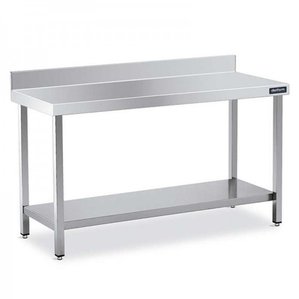 Mesa de trabajo fabricada en acero inoxidable: dos planos lisos y patas nivelables para elevar su altura (150 x 60 x 85 cm)